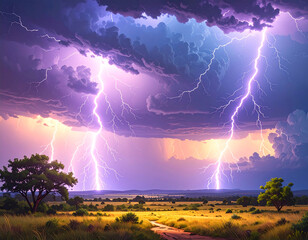 Abstract storm clouds with glowing lightning, surreal purple and blue energy sky background
