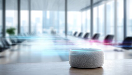 Gray smart speaker on a table in a blurred conference room