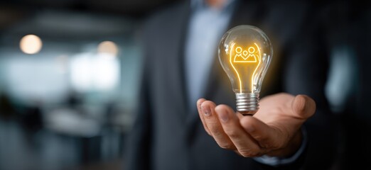 A glowing lightbulb in a hand, featuring a group icon, implying teamwork and innovation