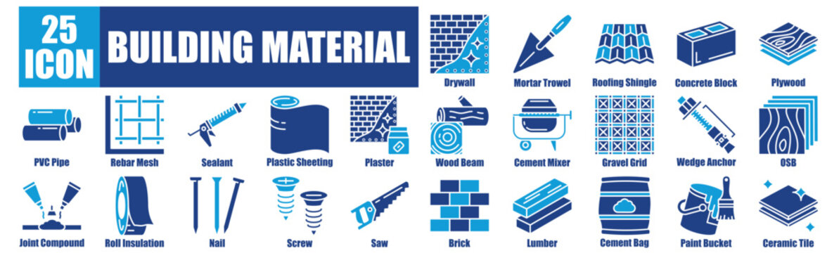 Building material icon pack dual tone collection set Drywall, Mortar Trowel, Roofing Shingle, Concrete Block, Plywood.