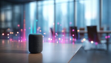 Modern smart speaker on a table in a city office