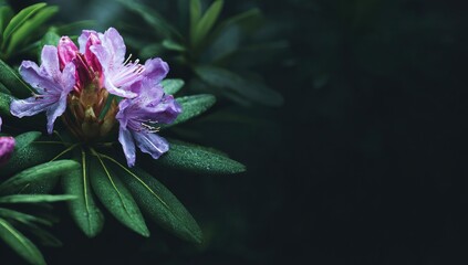 Close-up of delicate purple rhododendron blossoms, vibrant colors against dark backdrop