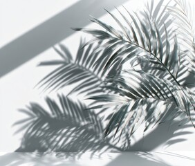 Light and shadow play with palm leaves against a white background
