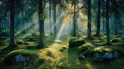 Obraz premium Sunlight filtering through trees forest nature photography calm environment ground-level view serenity in nature