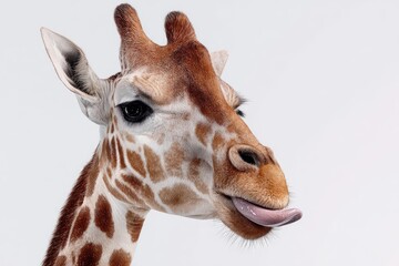 Naklejka premium Close-up of a giraffe's head and neck, with its tongue extended