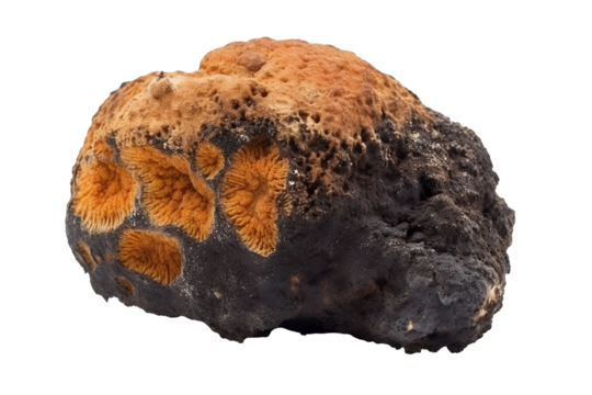 Rough Orange and Black Coral Rock with Porous Texture Isolated on Transparent Background