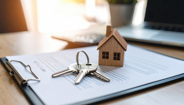 House key contract real estate property ownership concept with wooden house model and keys on clipboard with document