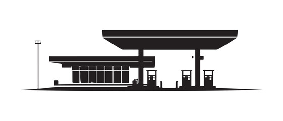Silhouette of Gas Station with Pumps, Storefront, and Light Pole Against White