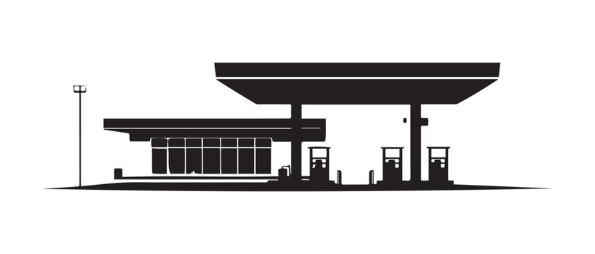 Silhouette of Gas Station with Pumps, Storefront, and Light Pole Against White