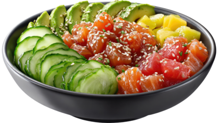 Exquisite Poke Bowl: A vibrant poke bowl, a culinary masterpiece showcasing a medley of fresh, colorful ingredients. Featuring sliced avocado, fresh tuna and salmon, and juicy mango.