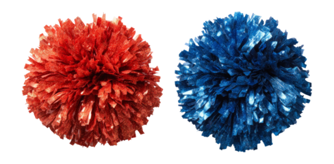 Colorful Red and Blue Pom Poms Isolated on Transparent Background for Creation