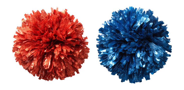 Colorful Red and Blue Pom Poms Isolated on Transparent Background for Creation