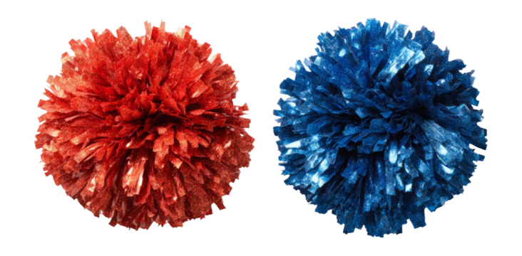 Colorful Red and Blue Pom Poms Isolated on Transparent Background for Creation