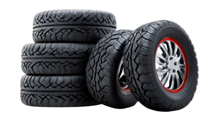 Automotive Tires: A collection of robust automotive tires, neatly arranged, showcasing the intricate tread patterns and sturdy construction ready for road. 