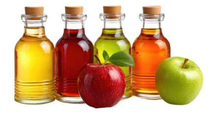 Flavorful Trio: A vibrant collection of colorful vinegar bottles with corks, alongside a red apple and a green apple, create a stunning visual representation of culinary ingredients. 