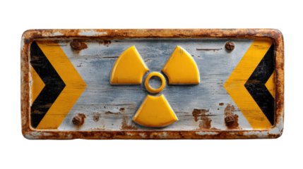 Nuclear Hazard Sign: A weathered sign, bearing the iconic radiation symbol, serves as a stark visual warning, with a worn and aged appearance evoking a sense of caution.