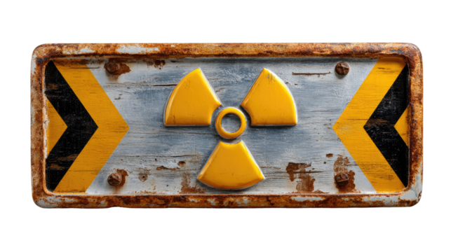 Nuclear Hazard Sign: A weathered sign, bearing the iconic radiation symbol, serves as a stark visual warning, with a worn and aged appearance evoking a sense of caution.