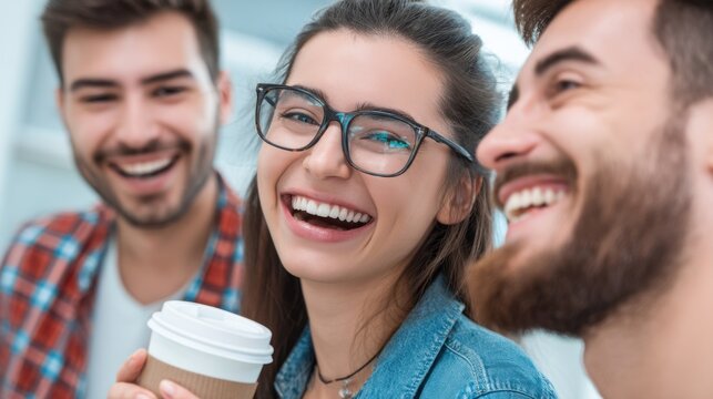 Three friends share joyful coffee moment indoors lifestyle snapshot cozy environment close-up view celebrating connection and happiness