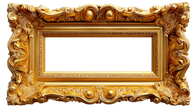 Ornate Golden Frame: An intricately carved golden frame stands empty, ready to be filled with art or treasured memories. Its elaborate details and rich texture speak of elegance and timeless beauty.