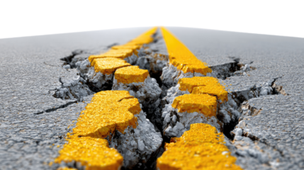 Broken Road: A visual metaphor for disruption, challenge, or change, this image showcases a cracked road bisected by a yellow stripe. 