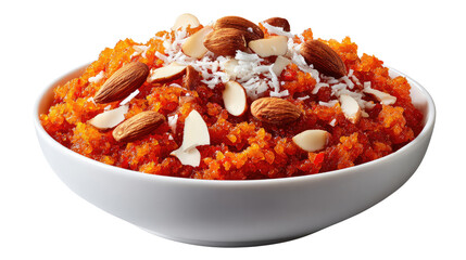 Gajar Halwa: A vibrant Gajar Halwa, a traditional Indian dessert, presented in a pristine bowl and adorned with almonds and coconut flakes, a visual feast of rich colors and textures.