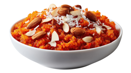 Gajar Halwa: A vibrant Gajar Halwa, a traditional Indian dessert, presented in a pristine bowl and adorned with almonds and coconut flakes, a visual feast of rich colors and textures.