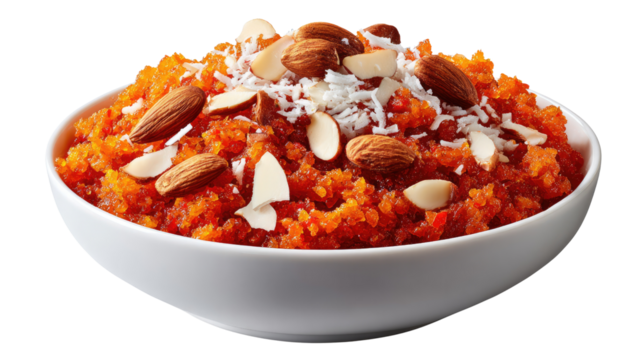Gajar Halwa: A vibrant Gajar Halwa, a traditional Indian dessert, presented in a pristine bowl and adorned with almonds and coconut flakes, a visual feast of rich colors and textures.