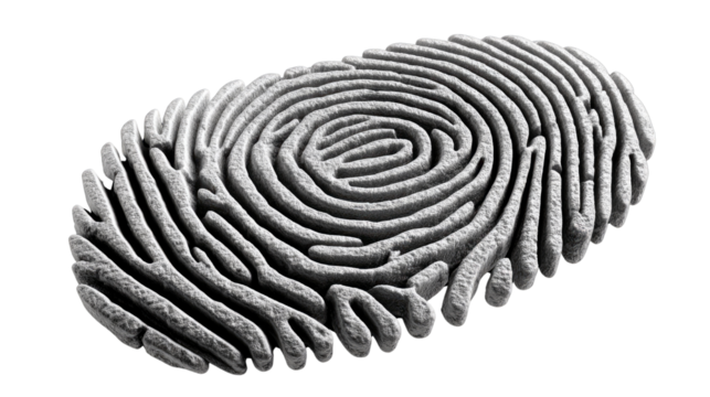 Unique Imprint: A detailed grayscale rendering captures the intricate details of a singular fingerprint, a symbol of identity and individuality. This image represents the essence of personal identity.