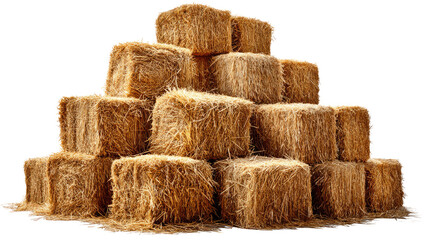 Hay Bales Stacked: A collection of rectangular hay bales is meticulously stacked, creating a rustic composition perfect for agriculture, farm, and countryside concepts.