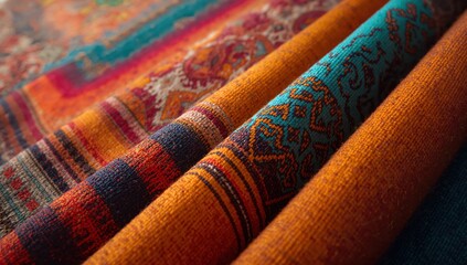 Vivid Mexican textile patterns featuring intricate woven details are displayed within warm natural light, highlighting bold orange, red, and turquoise tones from the close perspective