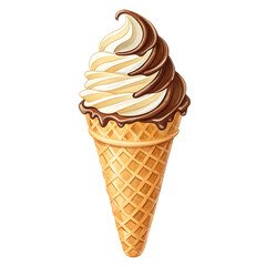 Delicious swirled soft serve ice cream cone with chocolate and vanilla flavors dripping on a textured waffle cone against a black background