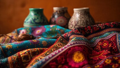 Vivid Mexican textile featuring intricate floral patterns displayed within warm indoor light, accompanied by traditional ceramic vases in the background, creating the rich cultural atmosphere