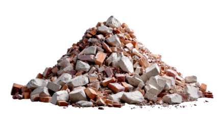 Pile of Debris: A photorealistic scene captures a substantial pile of construction debris, composed of broken bricks and concrete chunks, illustrating the aftermath of demolition or construction work.