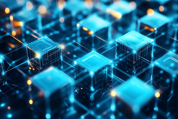 Blockchain Network with Glowing Nodes. AI Generative