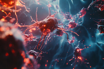 Medical Illustration of Cancer Cell Mutation. Cancer Cells Spreading in Human Body. Generated AI
