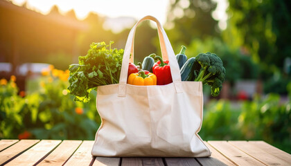 Reusable shopping bag filled with fresh vegetables including bell pepper, broccoli, cucumber, and leafy greens on wooden table with sunlight and garden background