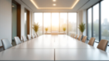 Blurred conference room in modern office, large white conference table, simple design.