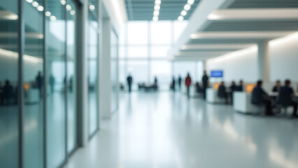 Fototapeta premium Blurred image of a modern corporate office corridor, glass walls, bright natural light.
