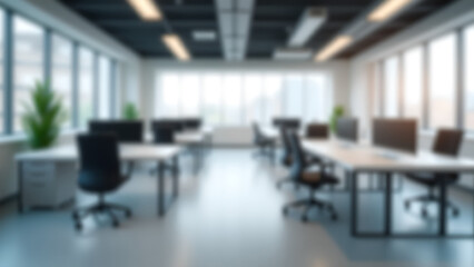 Blurred image of modern open plan office, white desks, few chairs, bright LED ceiling lights.