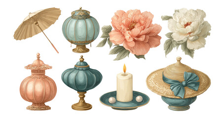 Vintage Decorative Elements with Floral and Lantern Designs on Transparent Background