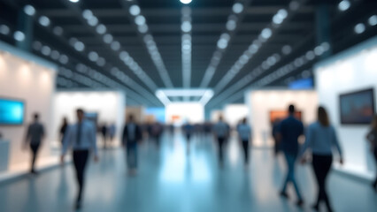 Abstract blurred image of a modern exhibition center, people walking between small exhibition booths.