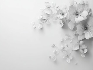 Elegant white flowers and leaves arranged in a corner on a light background