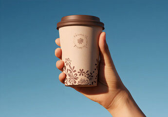 Hand holding a sustainable coffee cup against clear blue sky, showcasing ecofriendly design and promoting environmental awareness.