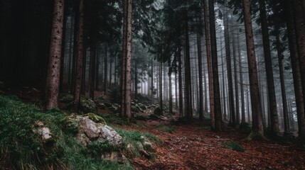 Obraz premium Mysterious foggy forest exploration woodland nature photography serene atmosphere ground perspective enigmatic wilderness