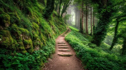 Obraz premium Peaceful hiking trail through lush forest enchanting nature serene environment captivating viewpoint