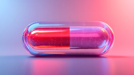 A single, transparent capsule pill with a striking red and purple color split is illuminated by vibrant pink and blue lighting creating a futuristic effect.