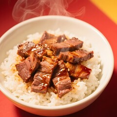 4k high quality Ai generative HD photo realistic business menu sell selling restaurant food Korean grilled meat slice bulgogi marinated beef barbecue sirloin spicy plate bowl white rice