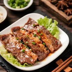 4k high quality Ai generative HD photo realistic business menu sell selling restaurant food Korean grilled meat slice bulgogi marinated beef barbecue sirloin spicy plate lettuce closeup