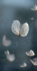 Delicate, white flower petals, seemingly floating, against a muted blue background