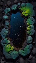 A surreal scene of a starry sky viewed through a rock formation with green mossy growths around it